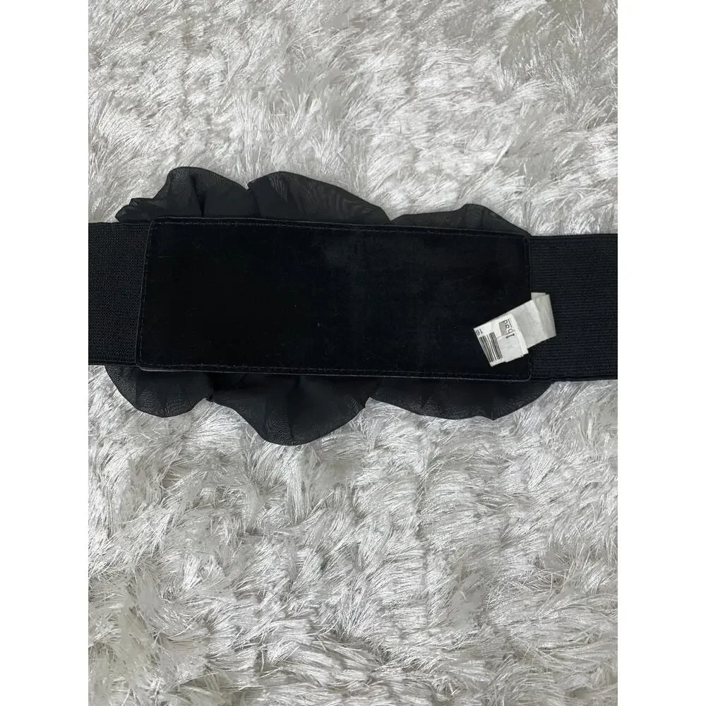 Black 3D Flower Belt Rhinestone Center Stretch Wide Belt Sz Small Medium